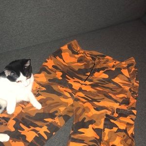 Orange camo print cargo pants